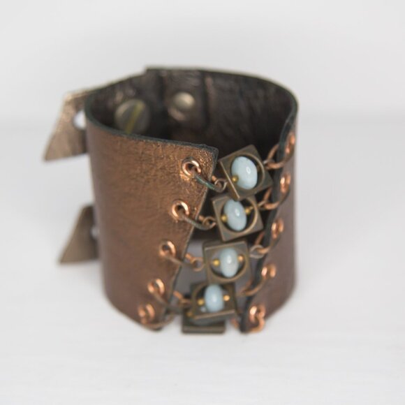 SOLD Bronze Leather Punk Wasteland Steampunk Style Cuff Bracelet Blue Stones - Picture 5 of 10